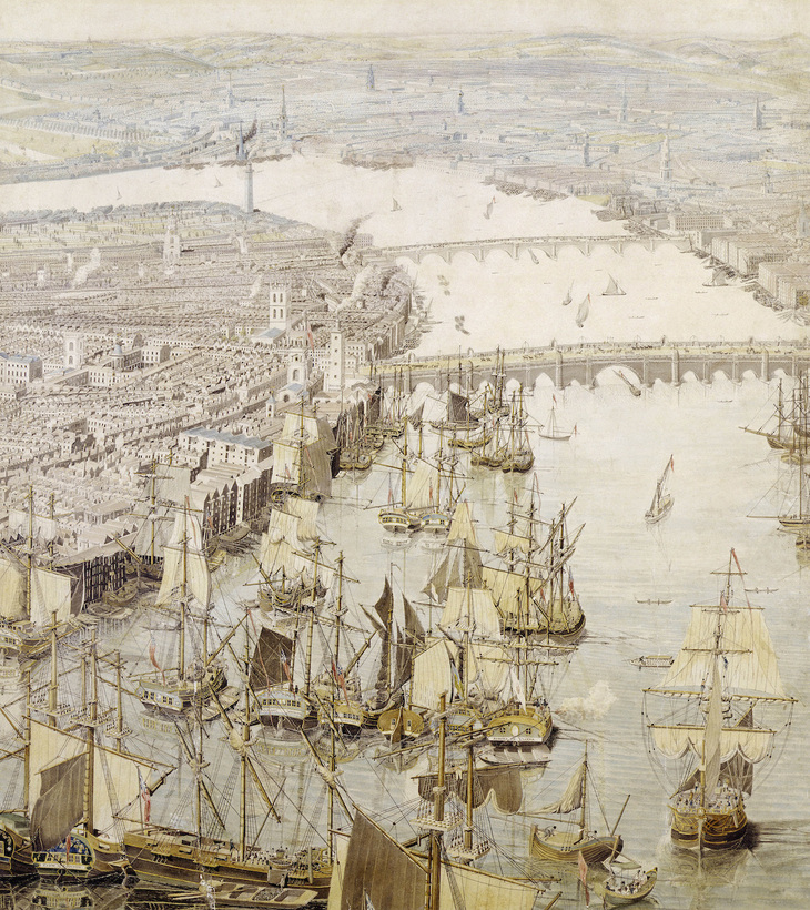 The central Thames cluttered with sailing ships
