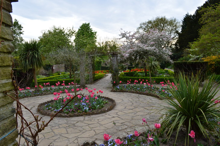 A formal garden popping with pink tulips