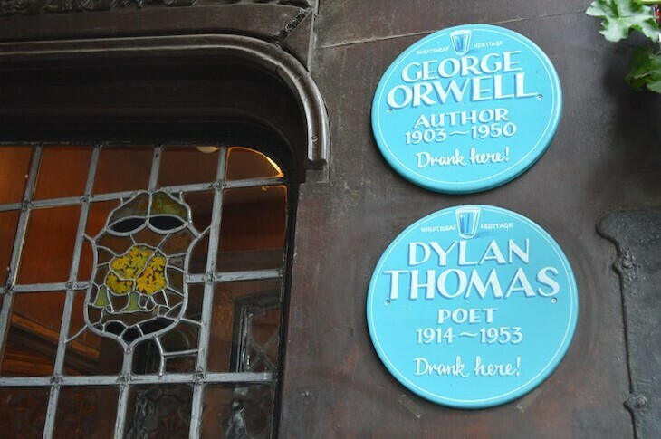 Two makeshift plaques to George Orwell and Dylan Thomas. They are turquoise (the plaques, not Orwell and Thomas)