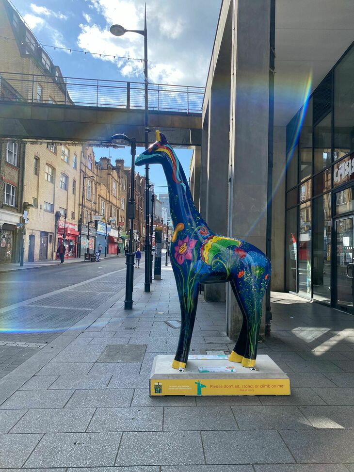 A colourful giraffe painted with flowers and rainbows