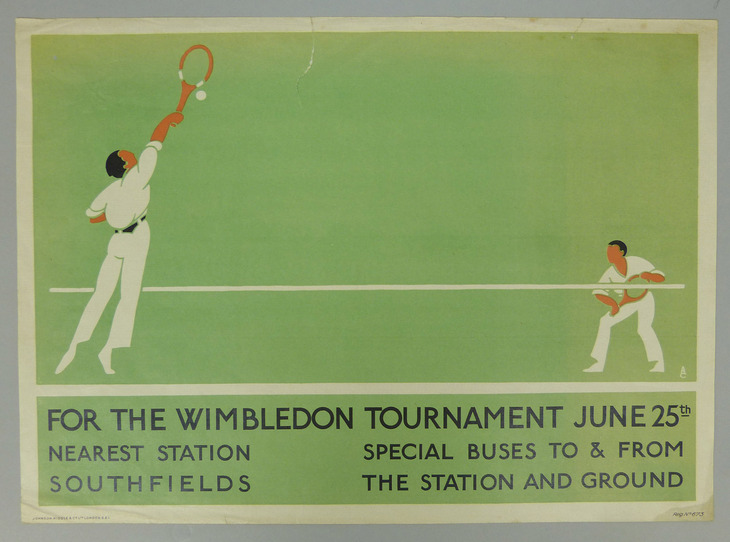 A stylised poster showing two men playing tennis on a vast expanse of grass