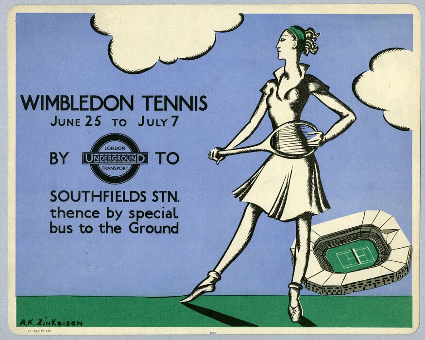 A confident looking tennis player in a skirt stands next to a Wimbledon Tennis logo