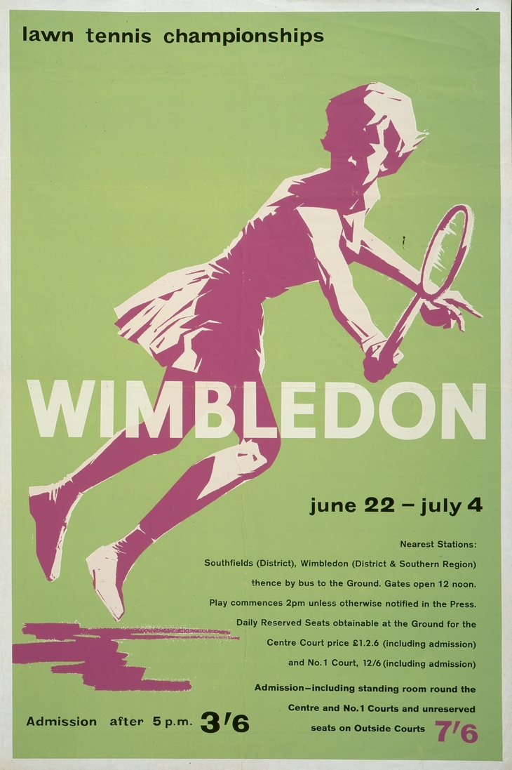 A player stretches for a backhand with a huge 'Wimbledon' superimposed in front of her