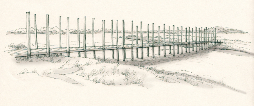 Etching of a wooden jetty