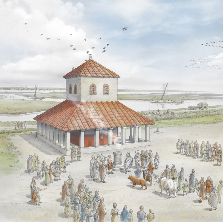 Drawing of a Roman temple with red roof and people congregating outside