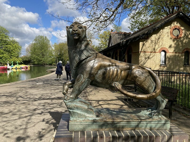 A lion sculpture in Alexandra Palace Park
