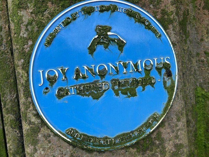 a blue plaque marking the scene of a 2020 party by Joy Anonymous on the beach