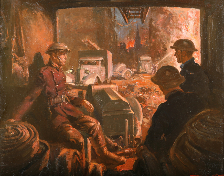Painting of firemen resting while the city burns in the background