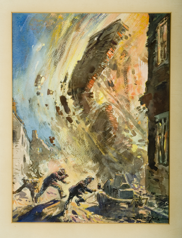 Painting of a building collapsing in fire