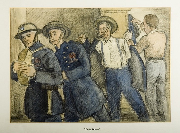 Sketch of firemen putting their uniforms on