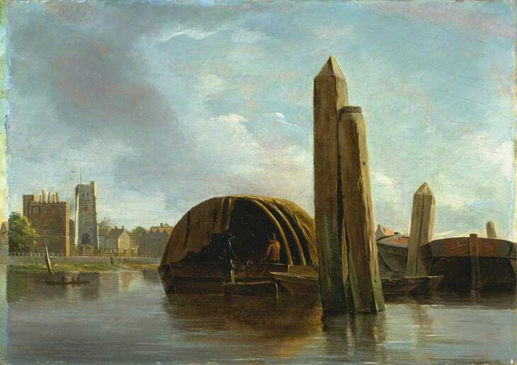 Bucolic painting of a barge on the Thames