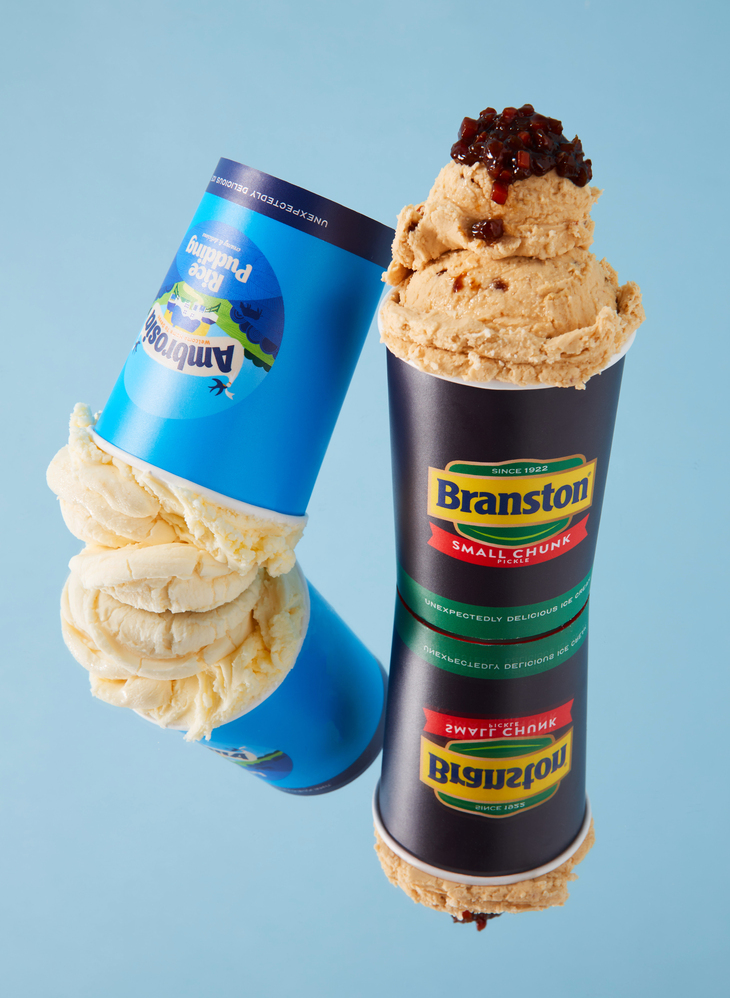 A tube of rice pudding ice cream, and a Branston one next to one another