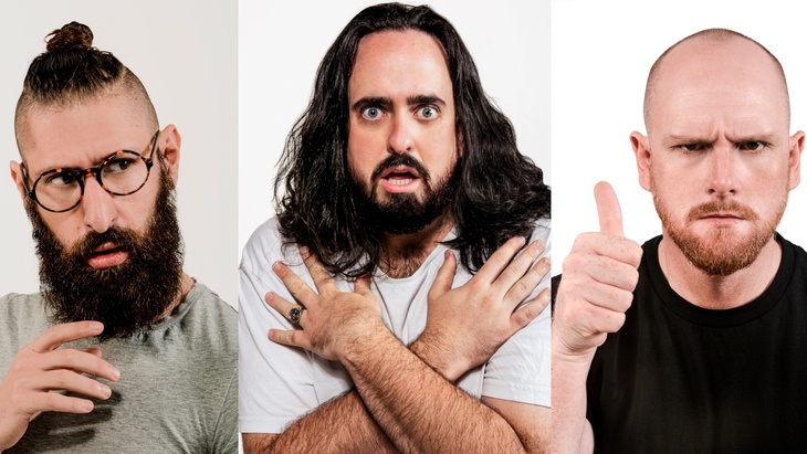 A triptych of three male comedians pulling funny faces