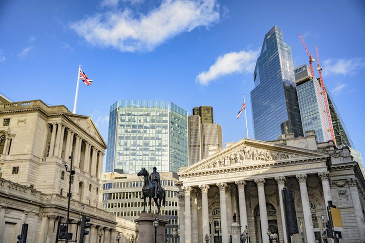 The Bank of England, Royal Exchange and high rise buildings in the sun