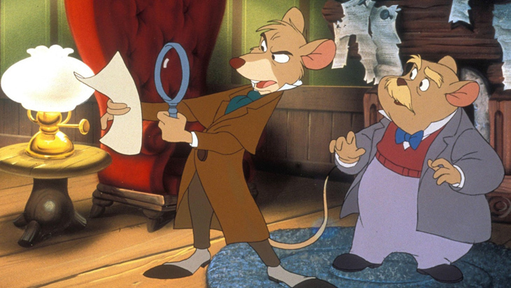 A still from Basil the great mouse detective showing the Sherlock-like mouse looking at a paper with a magnifying glass as some kind of whiskered mouse looks on