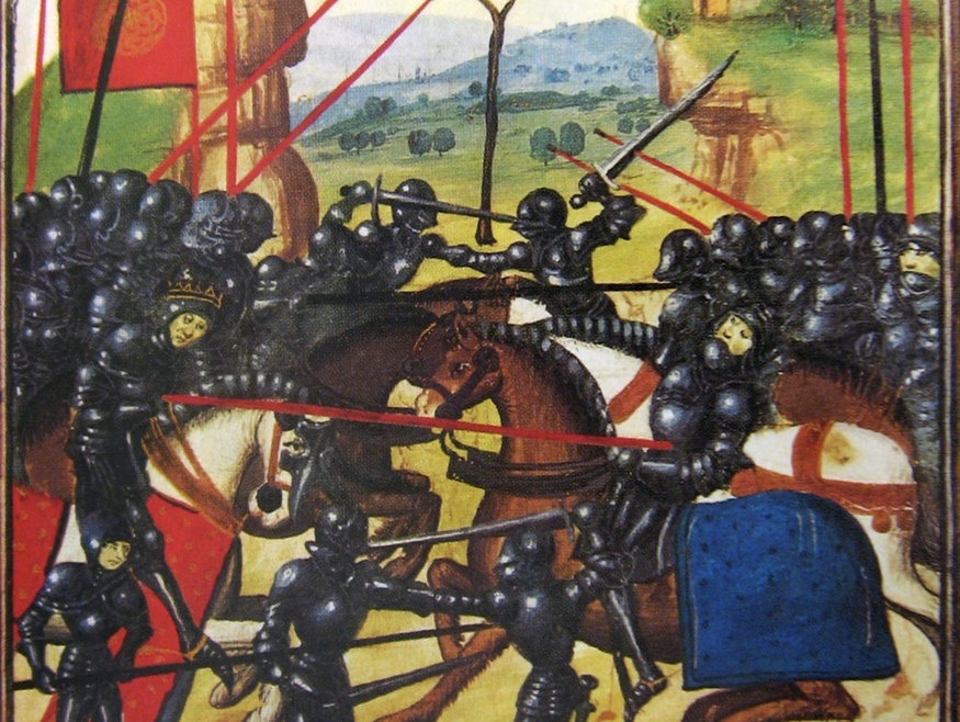 Old painting of soldiers in armour fighting on horseback