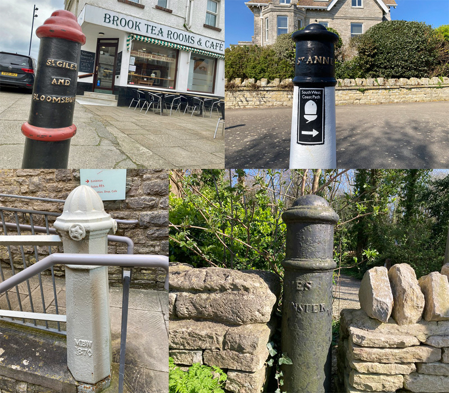 A selection of London street bollards dotted around Swanage