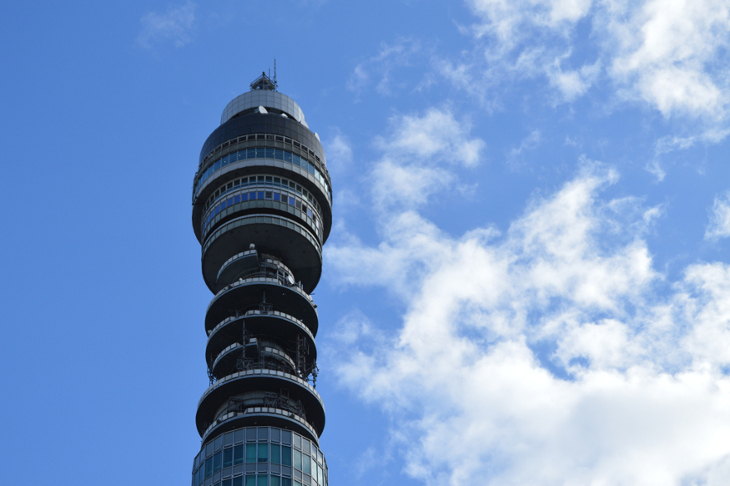 The top of the BT Tower against the sky.