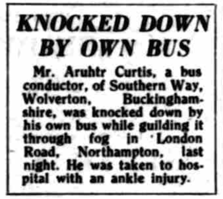Newspaper clipping about bus conductor getting hit by own bus
