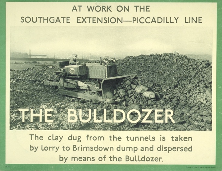A poster showing a bulldozer pushing rubble to make way for the new station
