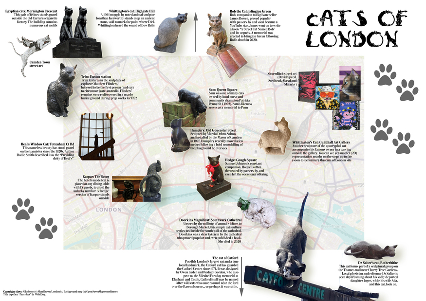 A map of London with a dozen or more cat sculptures overlaid. Who knew that London had so many.