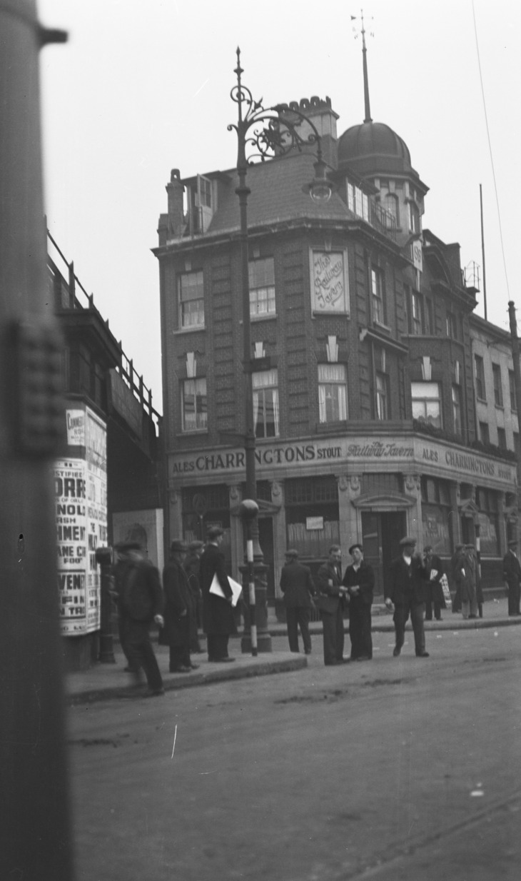 Black and white image of an old Charringtons pub - The Railway Tavern