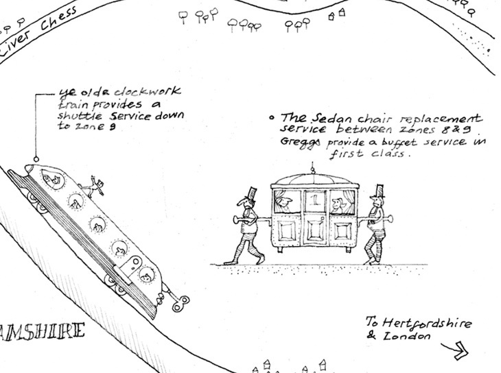 Cartoon of a clockwork tube train and a sedan chair replacement service
