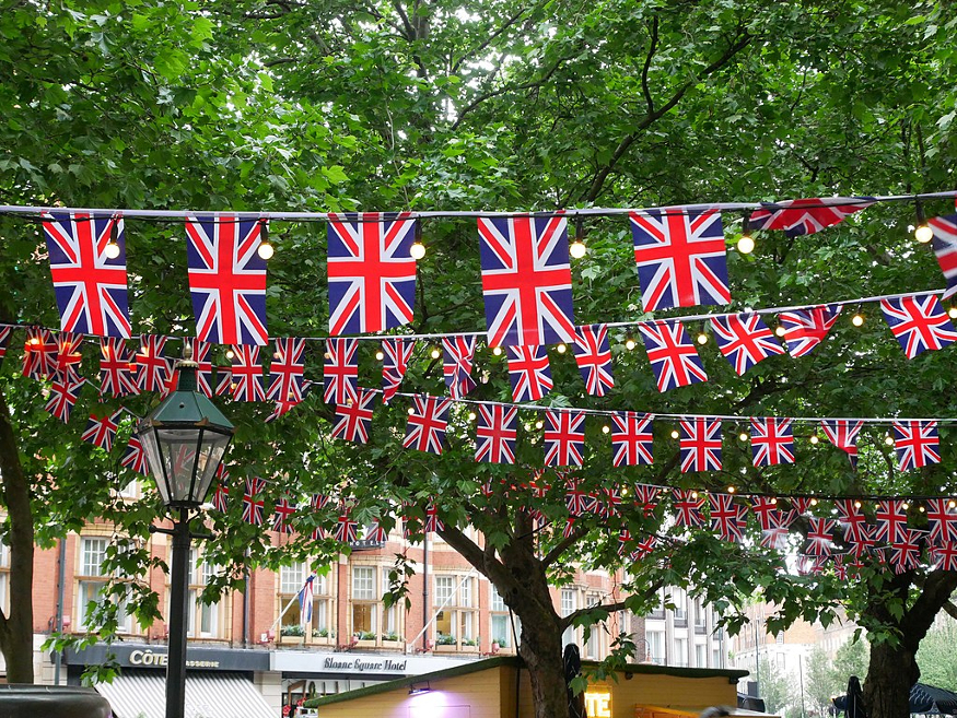 Coronation events in London: Union Jack bunting strung in the trees above Sloane Square during the Platinum Jubilee last year.