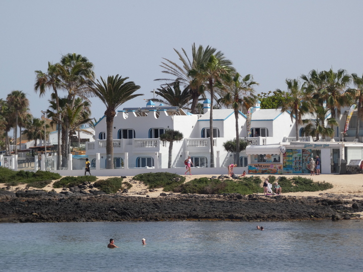 Corralejo in Fuerteventura: whitewashed houses and palm trees lining a sandy beach in Corralejo