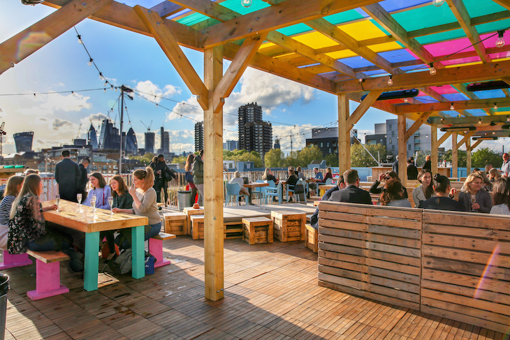 Best rooftop bars London: people drinking on a wooden terrace with the City skyline behind them