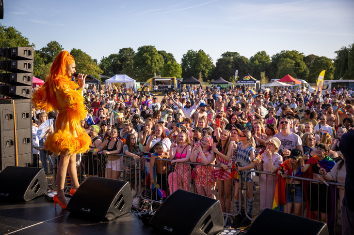 A person dressed inn a feathery orange costume performs in front of a small festival crowd