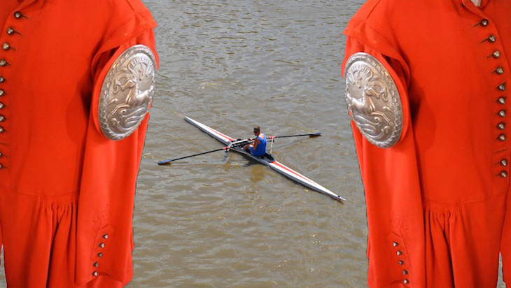 A rower on the Thames, flanked by two superimposed red jackets with silver badges to indicate Doggett's Coat and Badge race