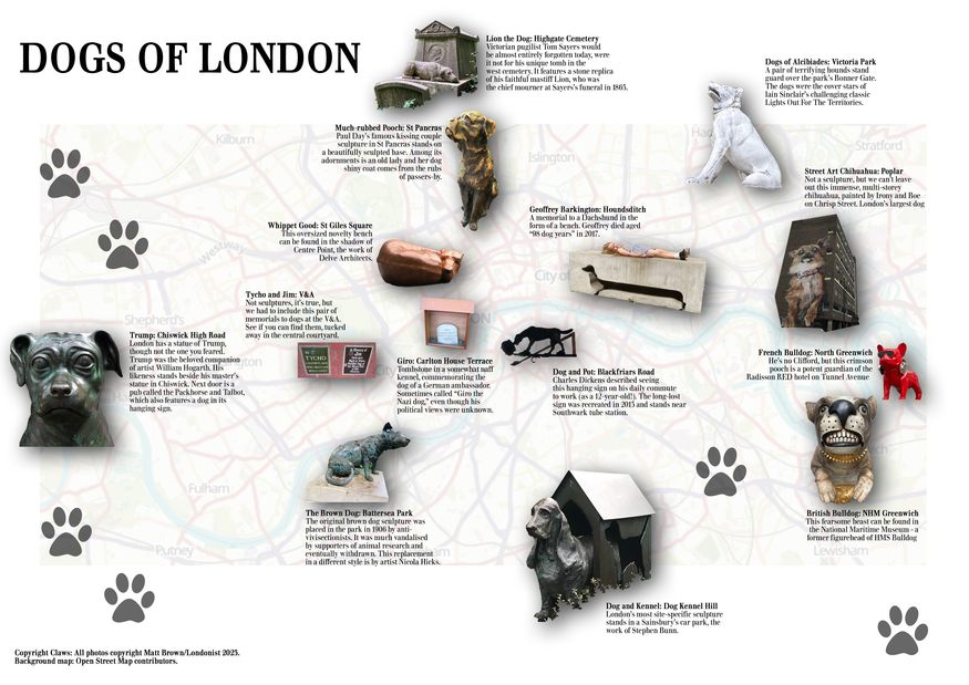 A selection of dog sculptures on a map of London