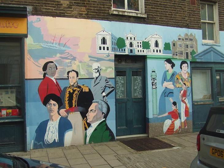 A mural depicting eight local heroes, including Equiano in a red jacket