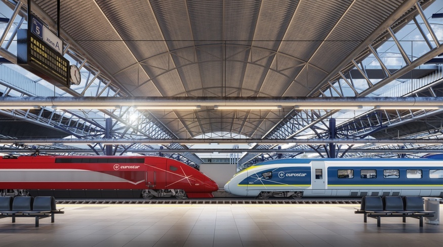 Two Eurostar trains - one red, one blue, facing each other nose to nose