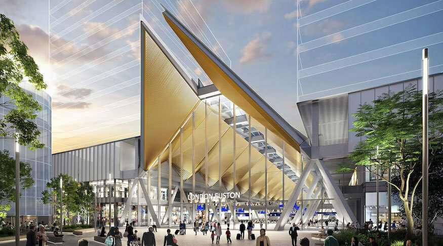 Mock up of a station frontage with huge Dorito-shaped golden fins on the roof