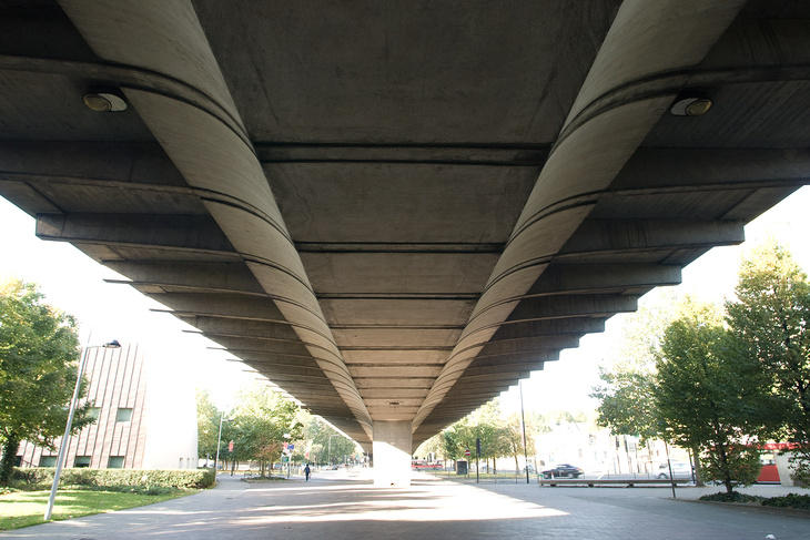 A concrete flyover, from below