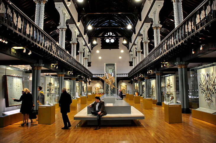 Interior of the Hunterian Museum in Glasgow - a large symmetrical room with display cases along the walls, and a skeleton on display in the centre. A gallery/balcony overhangs the outer edges of the room.