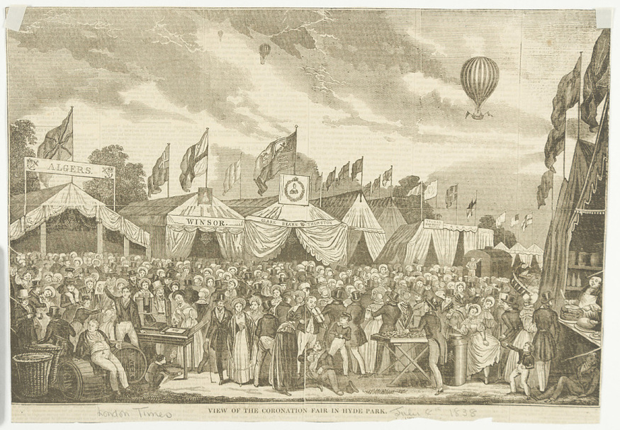 Engraving of many tents and people filling Hyde Park. A balloon glides through the air