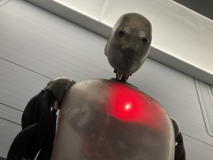 A robot with glowing red chest