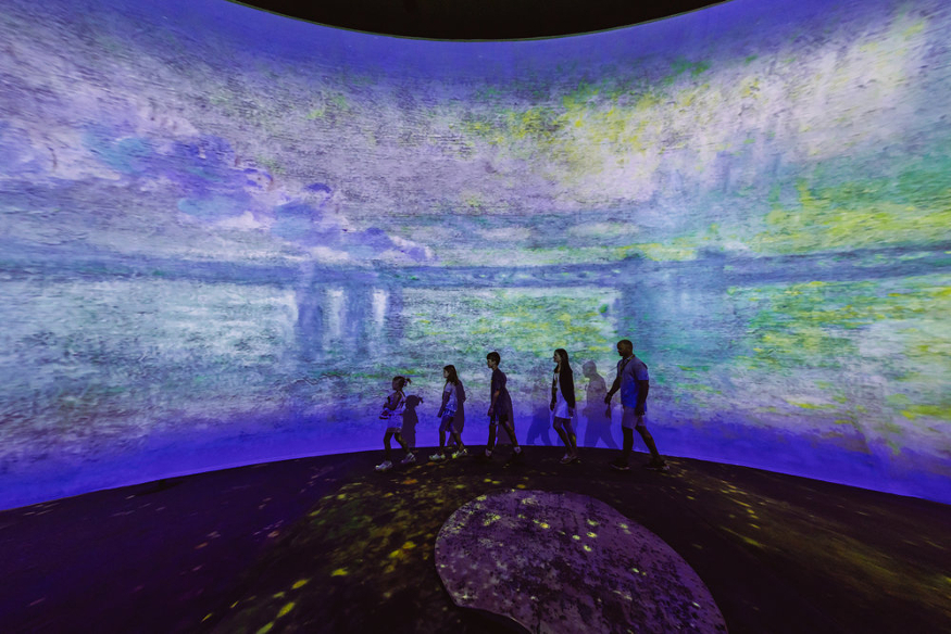 Five people silhouetted in front of a huge illuminated creation of one of Monet's works.
