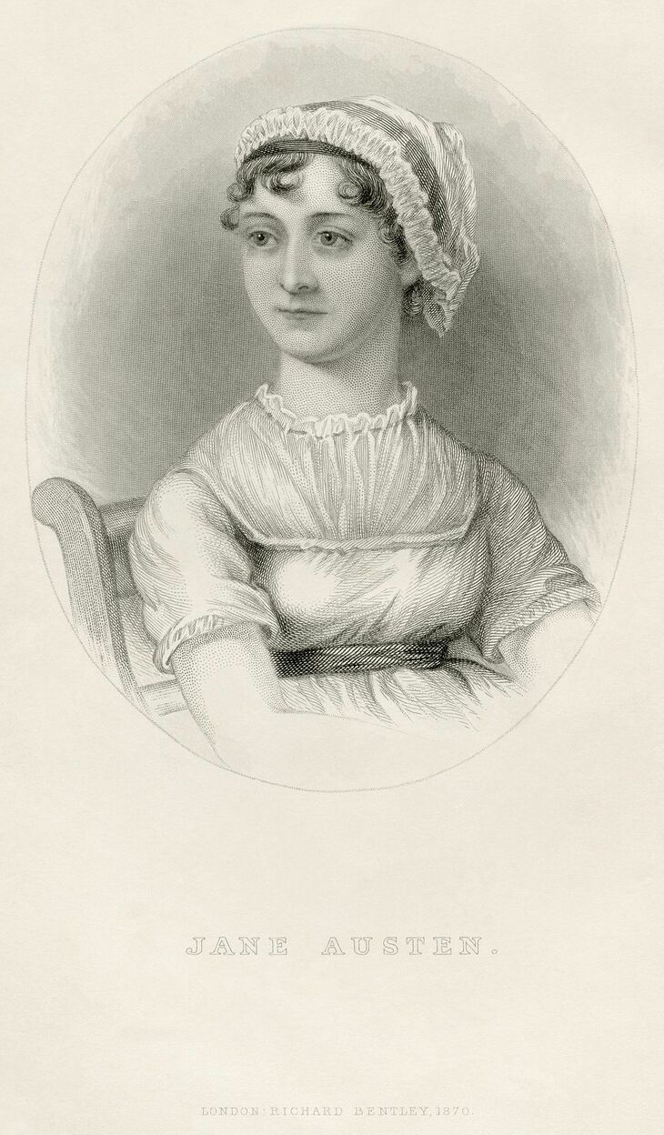 An etching of Jane Austen wearing a bonnet