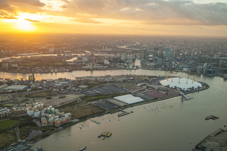 A sunset over the Greenwich peninsula - with the O2 by the water - but not much more development