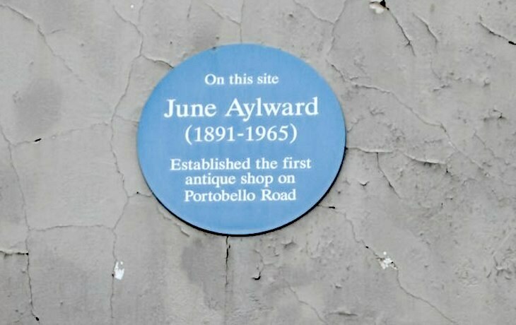 A plaque commemorating June Aylward who opened the first antique shop on Portobello Road