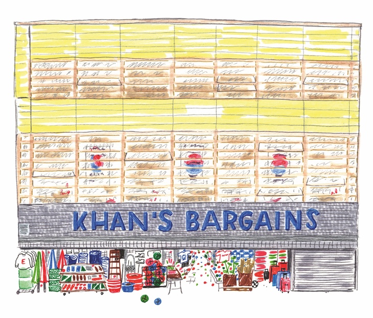 A tall shopfront with Shan's Bargains written in blue