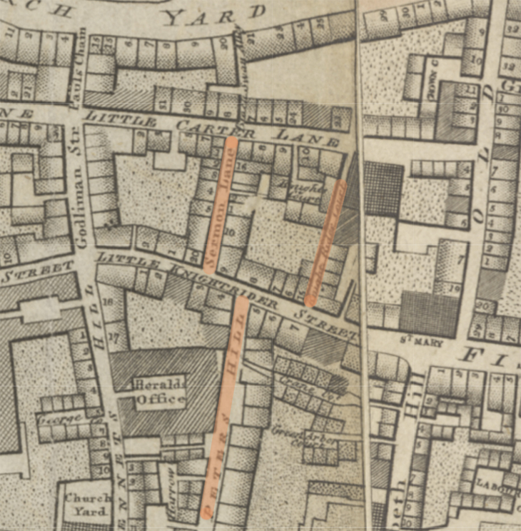 An old map showing the three streets in their historic settings