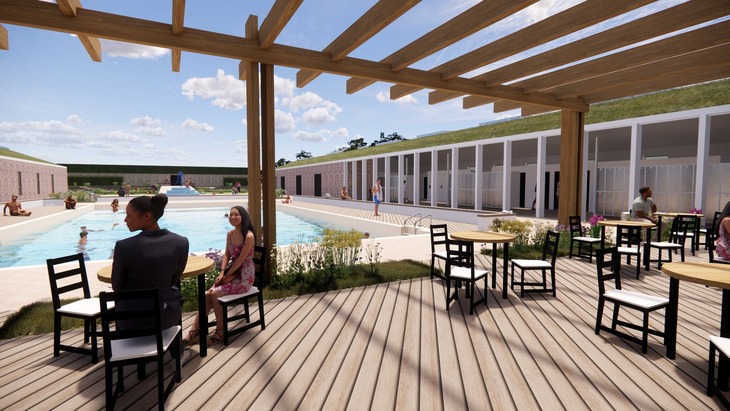 Valentines Park lido: CGI mock up of people on a terrace overlooking the pool