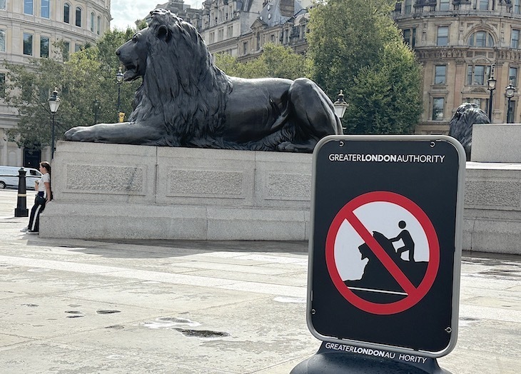 Trafalgar Square lion with warning sign