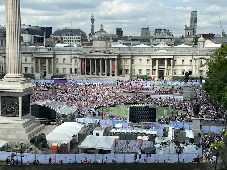 A packed Trafalgar Square seen from height