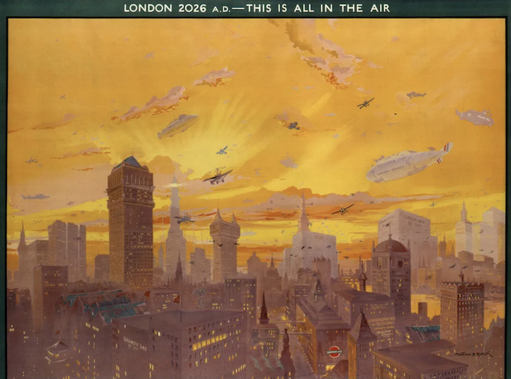 A vision of future london in 2026, with flying cars and tall buildings against a yellow sky